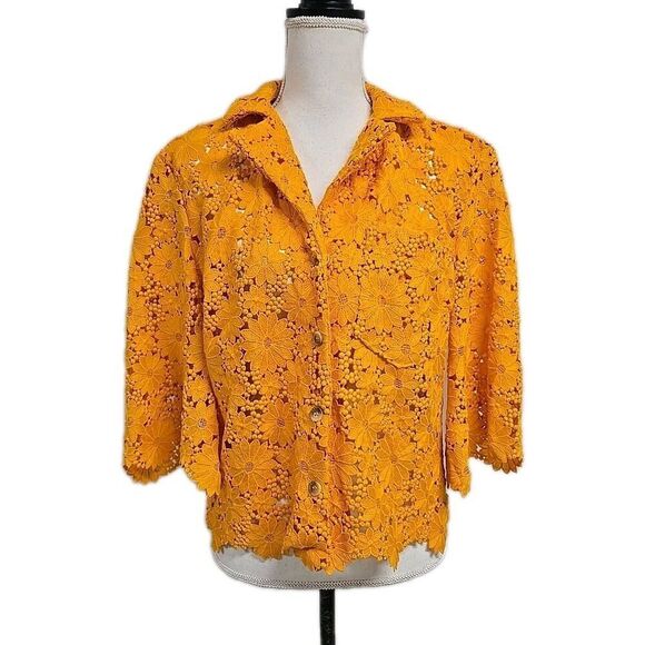 Maeve Tops - Maeve By Anthropologie Lace Half Sleeve Button Down Shirt Sunflower Yellow Sz XS